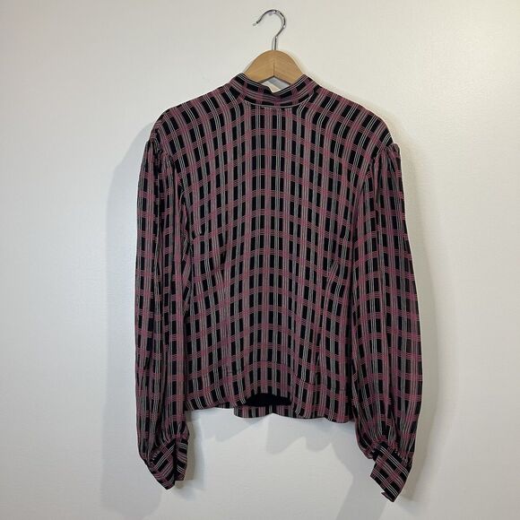 Ganni Blouse Plaid Blouse Top Black Pink Mock Neck Fitted - Size EU 42 US 10/12 - Picture 2 of 15